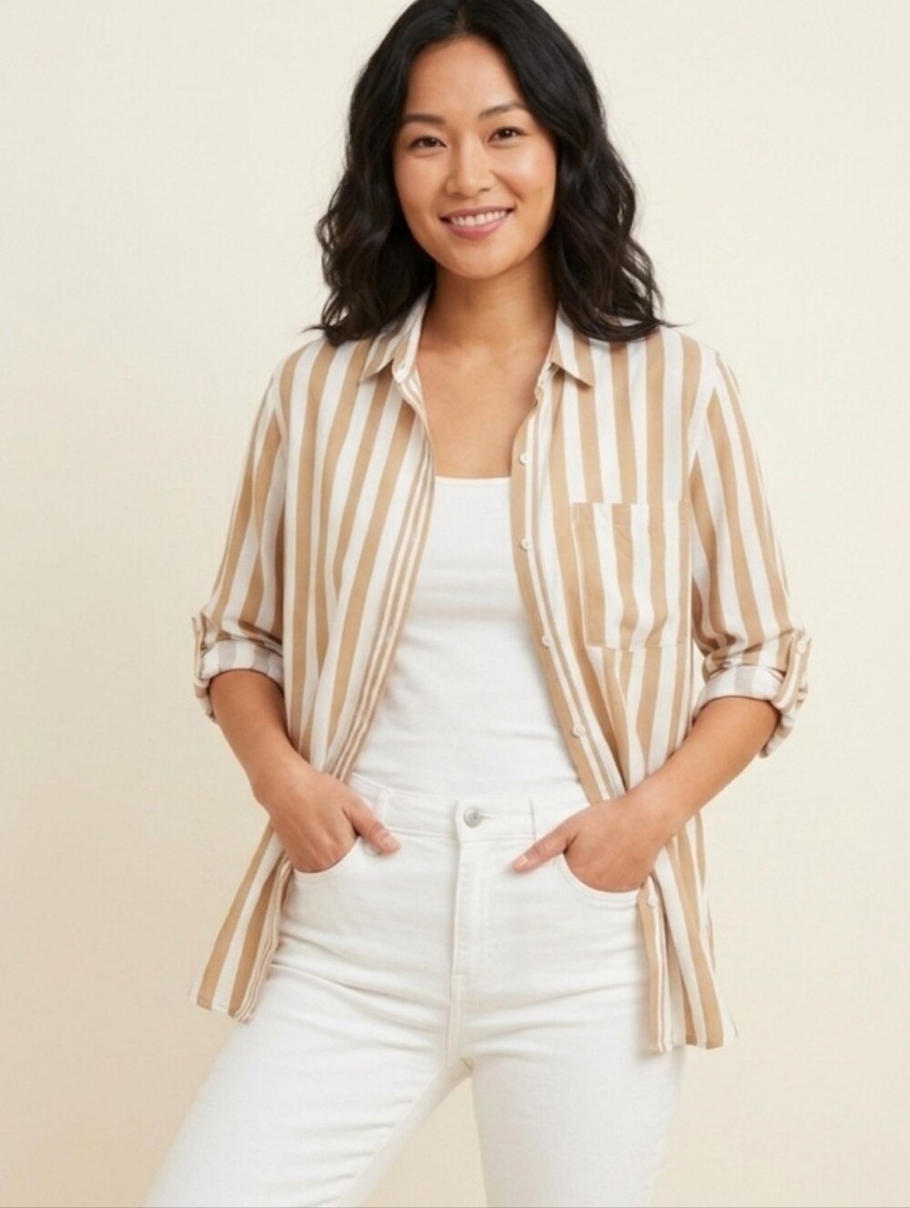 Jane & Delancey Beige and White Striped Button-Up Shirt